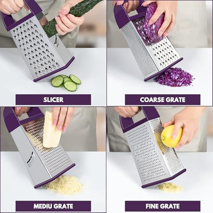 Urbanstrive Cheese Grater With Container, Professional Cheese Grater with Handle, Stainless Steel Graters for Kitchen Handheld, Box Grater with 4 Sides for Vegetables, Ginger, Potatoes (Purple) - color: Purple