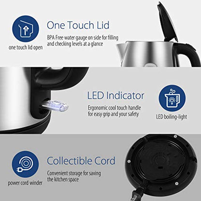 COMFEE' Stainless Steel Electric Kettle, 1.7 Liter Tea Kettle Electric & Hot Water Kettle, 1500W Fast Boil with LED Light, Auto Shut-Off and Boil-Dry Protection - color: Stainless Steel, size: 1.8 Quarts