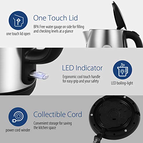 COMFEE' Stainless Steel Electric Kettle, 1.7 Liter Tea Kettle Electric & Hot Water Kettle, 1500W Fast Boil with LED Light, Auto Shut-Off and Boil-Dry Protection - color: Stainless Steel, size: 1.8 Quarts