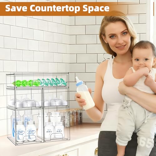 Baby Bottle Organizer, 5 Pack Stackable Storage Drawers with Labels, Clear Station Organizers Container for Pacifiers, Pump Parts, Desk Organizer Bins for Bathroom, Cabinet, Pantry, Vanity, Countertop - style: 2 High+2 Small+1 Wide