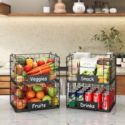 JKsmart 4 Pack XL Stackable Wire Baskets, Pantry Organizers and Storage with Name Plates, Muti-Purpose for Snack Organizer & Vegetable Basket & Fruit Basket - size: XL-12.2"x9.85"x28.65"
