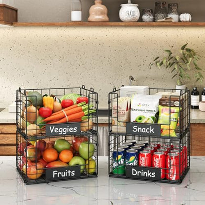 JKsmart 4 Pack XL Stackable Wire Baskets, Pantry Organizers and Storage with Name Plates, Muti-Purpose for Snack Organizer & Vegetable Basket & Fruit Basket - size: XL-12.2"x9.85"x28.65"