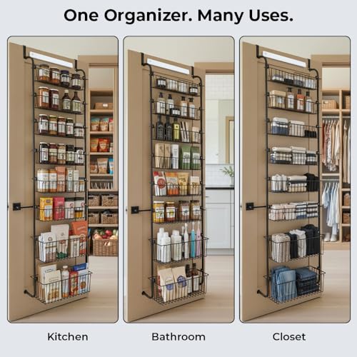 Over Door Organizer Storage - 6 Tier Black Metal Over the Door Pantry Organizer Heavy Duty Hanging Storage Rack, Behind Cabinet Shelves for Home, Kitchen, Bathroom, Closet, Pantry