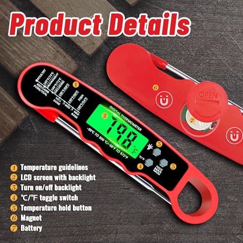 Meat Thermometer Digital, Instant Read Meat Thermometer with Backlight & Magnet for Kitchen, Beef, Grill, Turkey,IP67 Waterproof Cooking Thermometer - color: Red