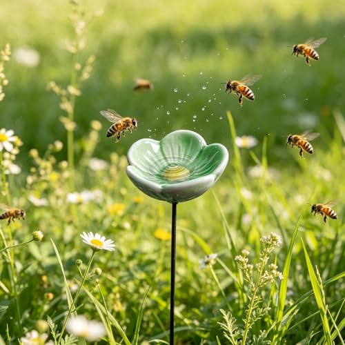 Bee Watering Station for Garden, 27CM Ceramic Bees Cups for Garden, Flower Shaped Bee Watering Station Bird Bath Water Feeder, Butterfly Drinking Cup Bees Bath Bowl Gardens Stakes, fors Outdoor Yard - color: Green
