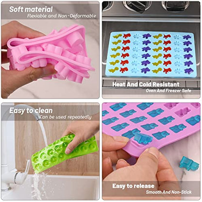 Sakolla Gummy Candy Molds Silicone with 2 Droppers Pack of 4 Mini Silicone Molds Including Dinosaur, Bear Shape, Hearts and Donut Gummie Chocolate Molds for Kids - color: 4 Different Style/4 Colors