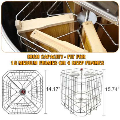 Honey Lake 4/12 Frame Manual Honey Extractor, Food Grade Stainless Steel Honeycomb Drum Spinner with Transparent Lid, Beekeeping Equipment for Honey Extraction with Height Adjustable Stand - size: 12 Frame Rack (4 Deep Frames)