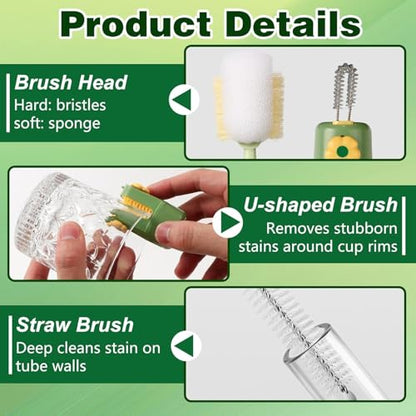 5-in-1 Bottle Cleaning Brush Set, Multifunctional Kitchen Lid Scrubber with Long Handle, Portable Brush Tools for Cups, Hard Bristle Sponge Head(2 Pack)