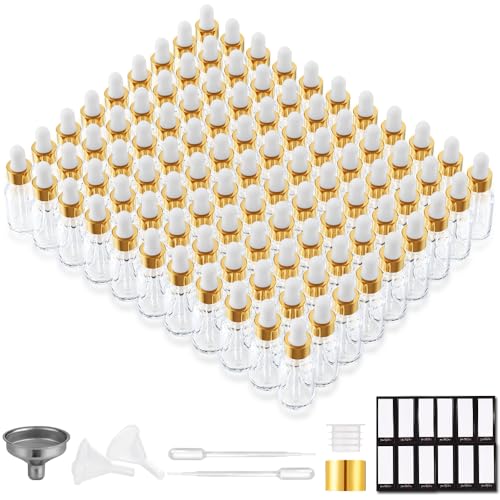 PrettyCare Glass Eye Dropper Bottles 99 Pack, 0.5oz (15ml) Empty Thick Bottles Bulk with Leakproof Golden Caps - color: 0.5oz Clear, style: 99 Pack