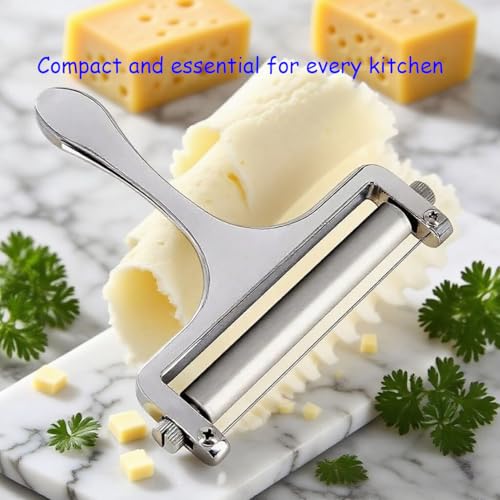Heavy Duty Stainless Steel Cheese Slicer,Adjustable Thickness with 2 Extra Replacement Wires, Handheld Cheese Cutter for Soft & Hard Cheese, Butter, Cake (Silver)