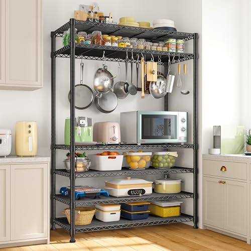 REIBII 75" H Metal Shelving 6 Tier Storage Shelf Adjustable Kitchen Shelf Wire Shelving Unit Detachable Storage Rack for Kitchen Laundry Living Room Commercial Heavy Duty Metal Shelf 75" X35" X14" - size: 【6 Tier】75"H X 35"W X 14"D