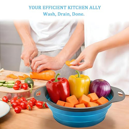 UVB Collapsible Colander Set, Space-Saving Foldable Kitchen Strainer for Pasta, Vegetables & Fruit, Colander for Kitchen with 2 Stainless Steel Hooks & Silicone Funnel – Blue - color: Blue