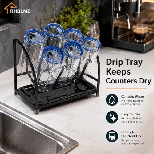 RHBLME 2 Packs Glass Drying Rack, Vertical Bottle Drying Rack Glass Bottle Holder with Drain Tray, Silicone Protective Hooks, Carbon Steel Non Slip Cup Mug Organizer for Glass Coffee Mug Countertop