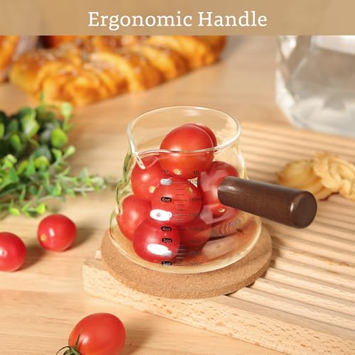 Joeyan 7 oz Glass Measuring Cup, Espresso Shot Glasses with Spout and Wooden Handle, Clear Milk Frothing Pitcher, Wave Shaped Borosilicate Espresso Bar Accessories for Coffee - color: Clear wavy espresso cup