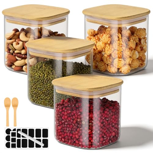 Glass Jar with Lid, 4 Pack 24 Fl.oz Square Glass Containers with Bamboo Lids, Food Jars Pantry Storage Canister for Sugar, Coffee Bean, Tea, Snacks, Cookie - Included Labels, Marker and Spoon - color: 4 Pack, size: 24 fl.oz