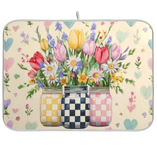 Kcldeci Spring Flowers in Mason Jars Dish Drying Mat Kitchen Counter Mat Draining Mat Kitchen Accessories Dish Rack Pad for Dishes, Utensils, Countertops, Sinks 16x18in - color: spring flowers in mason jars, size: 16x18in