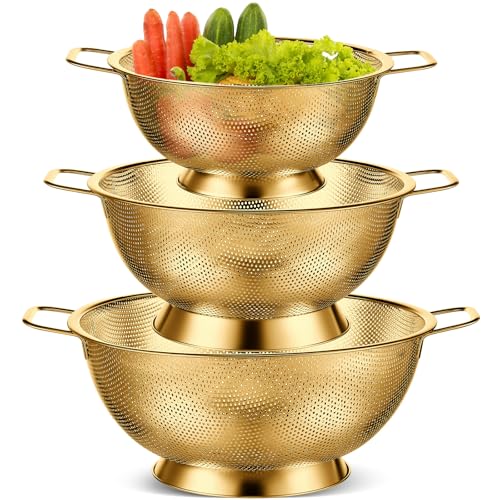 Bokon 3 Pcs Stainless Steel Colander Set Colander Bowl and Sieves 1/3/5 Quart Metal Mesh Strainer Net Basket with Handles Food Spaghetti Strainer for Kitchen Draining Pasta Rinsing(Gold) - color: Gold