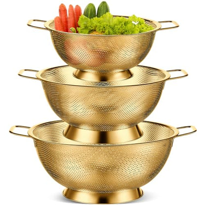 Bokon 3 Pcs Stainless Steel Colander Set Colander Bowl and Sieves 1/3/5 Quart Metal Mesh Strainer Net Basket with Handles Food Spaghetti Strainer for Kitchen Draining Pasta Rinsing(Gold) - color: Gold