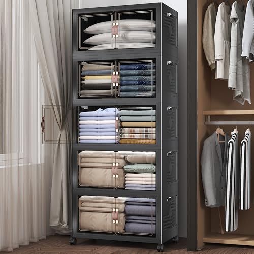 UAMFURI Stackable Storage Bins with Lids, 600QT Closet Organizers and Storage Cabinet with Doors & Wheels, Lockable Plastic Foldable Drawers for Bedroom Dorm Office Garage（120QT*5,Black） - color: Black, size: 25.6"L