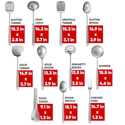 Newness 11 Pcs Cooking Utensils Set, 304 Stainless Steel Kitchen Utensils Set, Metal Kitchen Accessories, Include Soup Ladle, Slotted Skimmer Spoon, Spaghetti Spoon and Spatula, Dishwasher Safe - size: 11 PCS Cooking Utensils Set