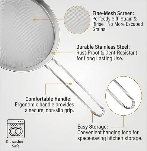 3-Piece Fine Mesh Strainer Set, Stainless Steel Sieves & Colanders for Kitchen - Perfect for Sifting Flour, Rinsing Quinoa & Straining Pasta - Includes 3, 5, and 7 Inch Food Strainers