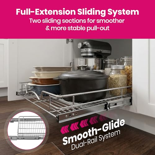 HOLDN’ STORAGE Pull Out Cabinet Organizer, 11”W x 21”D Cabinet Drawer | Heavy-Duty Caddy, Lifetime Limited Warranty, Steel Metal Cabinet Drawers, Chrome, Requires At Least 12-1/4” Cabinet Opening - size: 11”W x 21”D