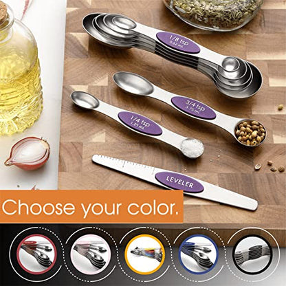 Spring Chef Purple Stainless Steel Magnetic Measuring Spoons Set of 8 with Leveler, Dual Sided Metal Teaspoon & Tablespoon Measuring Spoons, Kitchen Gadgets for Baking & Cooking, Fits in Spice Jars - color: Purple, size: 1-Pack