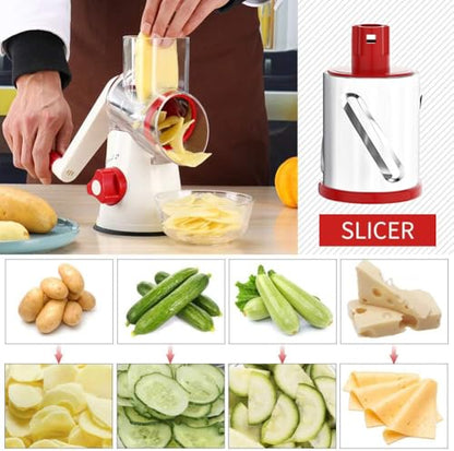 Cambom Rotary Cheese Grater Hand Crank Cheese Shredder for Fresh Cheese, Vegetable, Nuts,Non-slip Suction Base, Free Cleaning Brush Three Blades,Red White - color: Red+White, size: 3 BLADES
