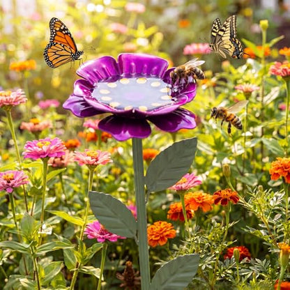 Bee Watering Station, 4 Pack Metal Flower Feeder with Perch for Bees and Butterflies, Yard Stake Butterfly Bee Bath for Garden Patio Outdoor Decor, Unique Gifts for Women Gardener