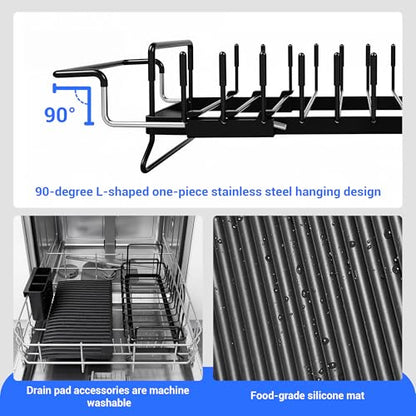 Expandable & Collapsible Dish Drying Rack for Over The Sink and in Sink, Stainless Steel with Silicone Drip Tray, Space Saving Adjustable Dish Rack for Small Kitchen, Apartment & RV