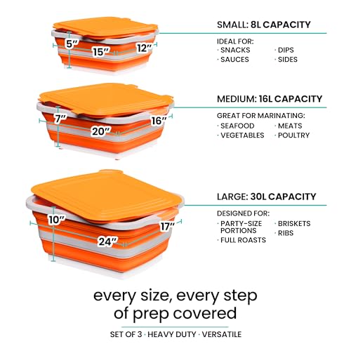 Modern Innovations Collapsible BBQ Prep Tubs, 3 Pack, Orange, Locking Lids | BBQ Marinating Tubs, Cutting Board Lids, Drain Spouts, Small Medium Large, Collapsible, Camping, Tailgating - color: Orange