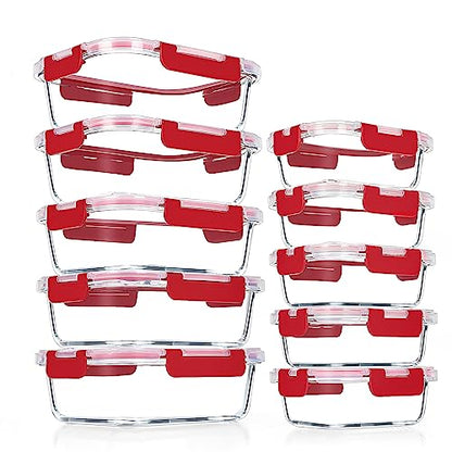 VERONES 10Pack Glass Meal Prep Containers, Airtight Glass Lunch Containers,Stackable Glass Food Storage Containers Set with Lids,Exclusive of BPA, for Microwave,Oven, Freezer&Dishwasher Friendly,Red - color: Red