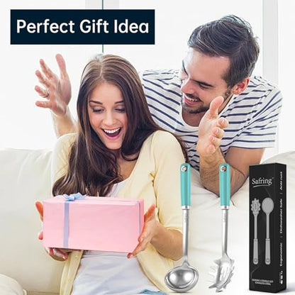 Safring Stainless Steel Soup Ladle and Spaghetti Spoon Set, Heat Resistant Rubber Handle, Dishwasher Safe, Kitchen Utensils for Cooking, Stirring, Serving Pasta, Soup & Sauce (Aqua Sky) - color: Aqua Sky