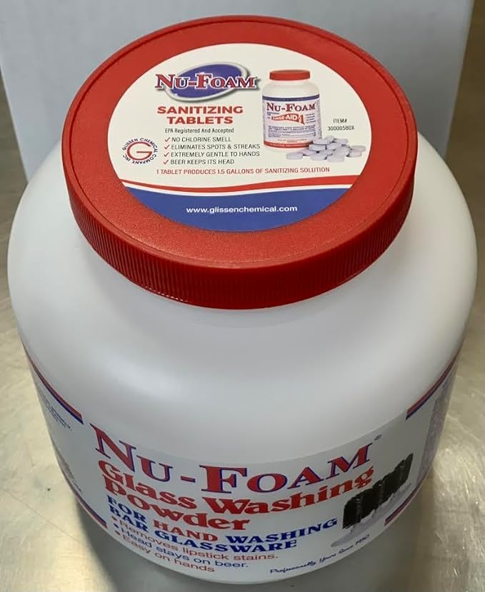 Nu-Foam Glass Washing Powder - Detergent for Bar Glassware – Original Streak-Free Solution - Hand Washing Bar, Tavern, Brewery Supplies - Spotless Serving Glasses - Easy On Hands - 4 Lb Jar - 2 Pack - style: 64 Ounce (Pack of 2)