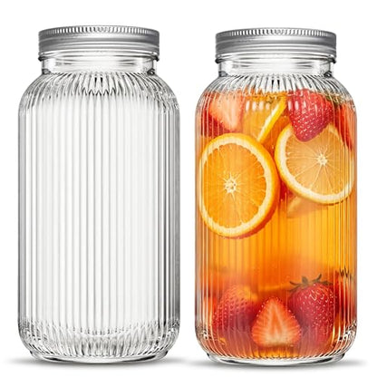 INSETLAN 64 oz Wide Mouth Glass Mason Jars, Set of 2, Ribbed Canning Jars for Sourdough Starter, Pickling, Fermentation, Sun Tea & Pantry Storage, Refrigerator Safe
