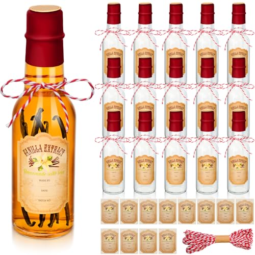 Tioncy 16 Pcs Empty Vanilla Extract Bottles for Homemade Vanilla Jar Glass Bottle with Cap, Shrink Band, Sticker DIY Crafts Wedding Gift Food Storage Canister for Bean(Red,5 oz) - color: Red, size: 5 oz