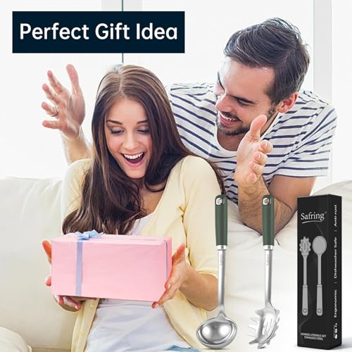 Safring Stainless Steel Soup Ladle and Spaghetti Spoon Set, Heat Resistant Rubber Handle, Dishwasher Safe, Kitchen Utensils for Cooking, Stirring, Serving Pasta, Soup & Sauce (Hunter Green) - color: Hunter Green