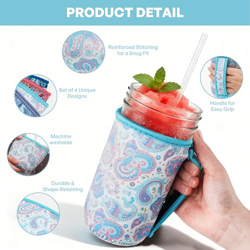 KJQJLY 4 Pcs Mason Jars Sleeves Neoprene 24oz Regular and Wide Mouth Mason Jar Sleeves Holder with Handle (Paisley, 24 OZ) - color: Paisley, size: 24 OZ