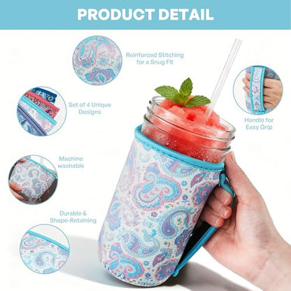 KJQJLY 4 Pcs Mason Jars Sleeves Neoprene 24oz Regular and Wide Mouth Mason Jar Sleeves Holder with Handle (Paisley, 24 OZ) - color: Paisley, size: 24 OZ