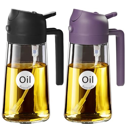 YARRAMATE 2Pcs 16oz/470ml Glass Olive Oil Sprayer for Cooking with Stickers, 2 in 1 Oil Dispenser for Kitchen Gadgets, Food Grade Premium Spray Bottle with Portion Control for Salad, BBQ(Black&Purple) - color: 19_2Pcs Black&Purple