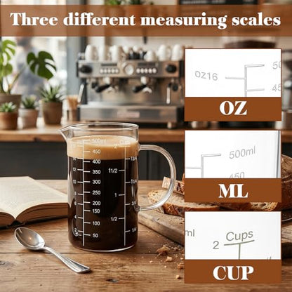 2 Pack Glass Measuring Cup, 500ML 2 CUP High Borosilicate Liquid Measuring Cup with 3 Scales (OZ, Cup, ML/CC), Glass Beaker with Handle and V-Shaped Spout for Kitchen Restaurant, Easy to Read