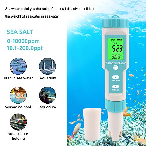 7 in 1 PH Meter Gomass 0.01 High Accuracy ph Tester Digital for Water TDS/EC/Salinity/Temp/ORP/S. G/PH Pen Tester Drinking Water, Hydroponics, Plants, Aquarium and Pool - color: Light blue