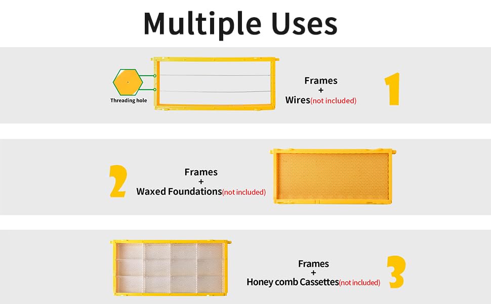 5 Pack Durable Plastic Beehive Frames | 3-in-1 Design for Wires/Wax Foundations/Honeycomb Cassettes, Fits 8/10 Frame Hives (19"×9")