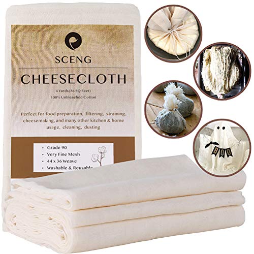 Cheesecloth, Grade 90, 36 Sq Feet, Reusable, 100% Unbleached Cotton Fabric, Ultra Fine Cheese Cloth for Cooking - Nut Milk Bag, Strainer, Filter (Grade 90-4Yards) - size: 4 Yards