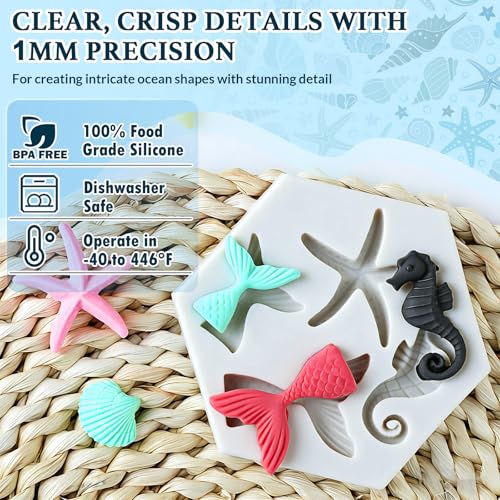 HKNMTT Marine Themed Silicone Mold for Polymer Clay Fondant, Seashell Mermaid Tail Starfish Ocean Seahorse Air Dry Clay Craft Cake Decor Wax Melt Chocolate Candy Mould DIY Cupcake Toppers BPA Free - style: Ocean - 4PCS