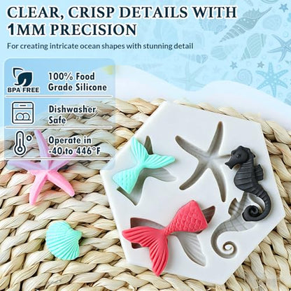 HKNMTT Marine Themed Silicone Mold for Polymer Clay Fondant, Seashell Mermaid Tail Starfish Ocean Seahorse Air Dry Clay Craft Cake Decor Wax Melt Chocolate Candy Mould DIY Cupcake Toppers BPA Free - style: Ocean - 4PCS