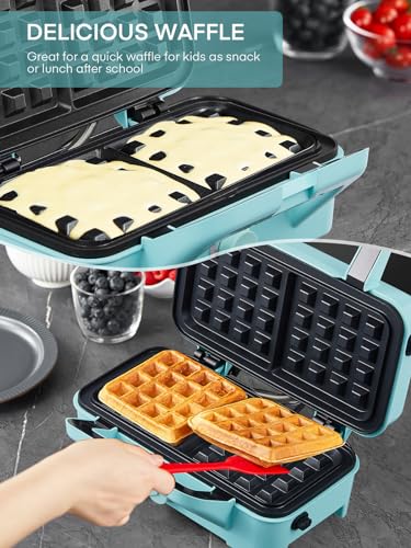 FOHERE Waffle Maker 3 in 1 Sandwich Maker 1200W Panini Press With Removable Plates and 5-gear Temperature Control, Non-stick Coating Easy to Clean,Indicator Lights, Blue - color: Light blue