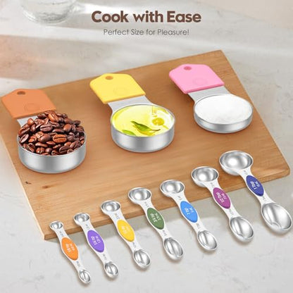 Magnetic Measuring Cups and Spoons Set – 304 Stainless Steel | Dual-sided Design | 15-Piece with Leveler | N52 Space-Saving Magnetic Nesting | Baking & Meal Prep | Kitchen Gift (Colorful) - color: Magnetic Measuring Cups and Spoons Set - Colorful
