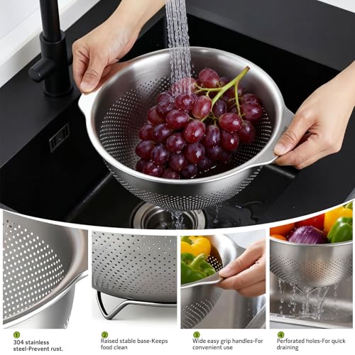 Greentainer 18/8 Stainless Steel Colander for Kitchen, 5QT Metal Pasta Strainer with Handle | Dishwasher Safe | Advanced Sturdy Base for Drainage & Rinsing Vegetable Fruit Rice Spaghetti - size: 5 QT