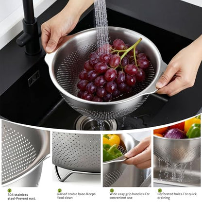 Greentainer 18/8 Stainless Steel Colander for Kitchen, 5QT Metal Pasta Strainer with Handle | Dishwasher Safe | Advanced Sturdy Base for Drainage & Rinsing Vegetable Fruit Rice Spaghetti - size: 5 QT